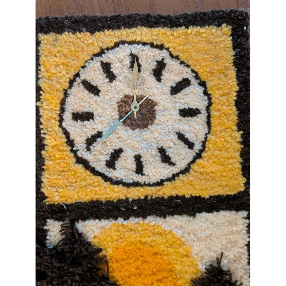 19 70s Latch Hook Rug Wall Clock Shag Fiber Art Landscape Sun Trees 34 x 16 In